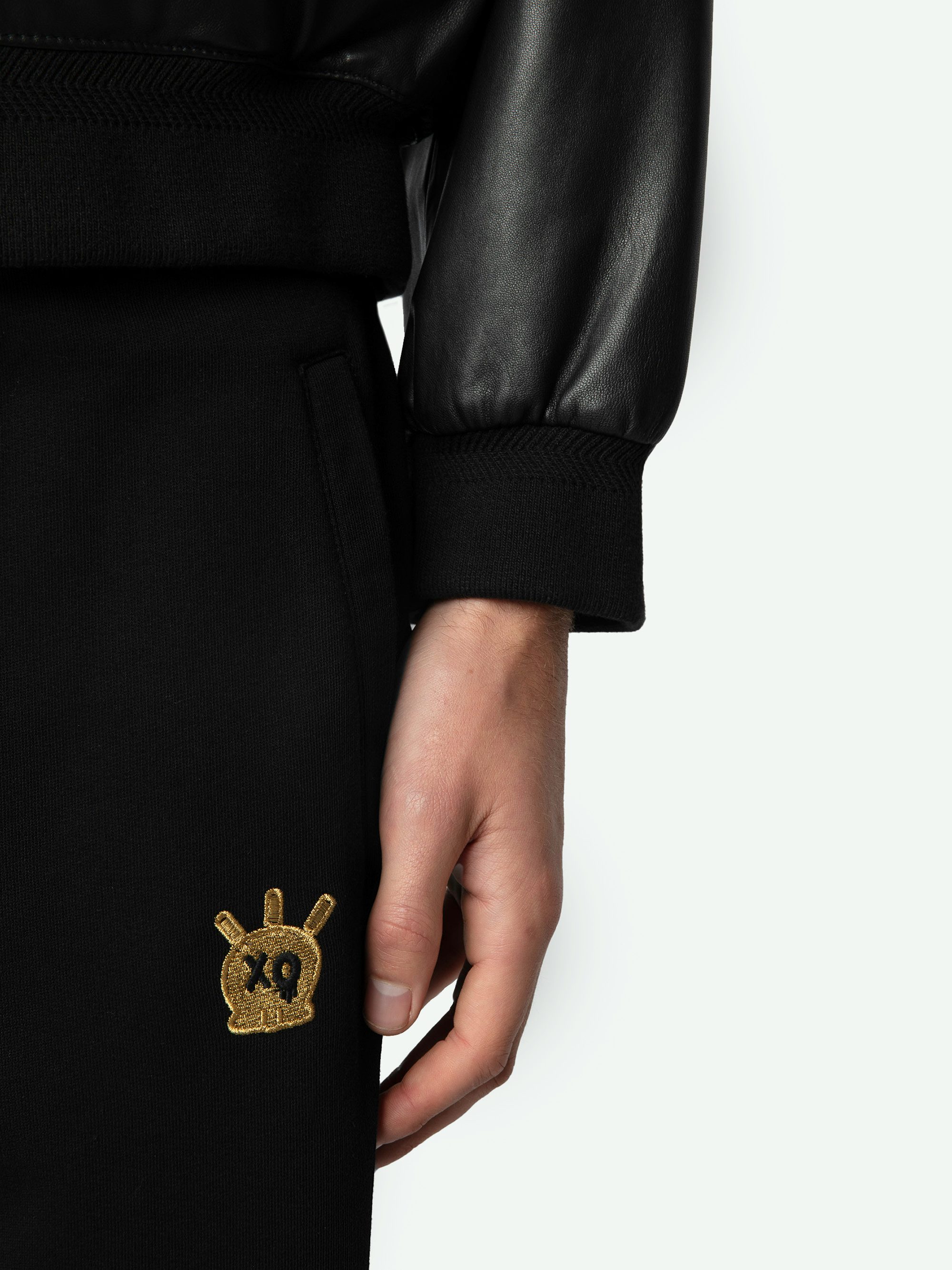 Capri Sweatpants - Black organic cotton jogging bottoms with pockets and gold XO Skull patch on the front.